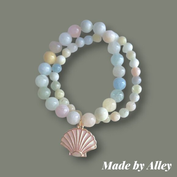 Handmade Set of Two Round Rainbow Morganite Beaded Bracelets with Charm - Picture 1 of 6